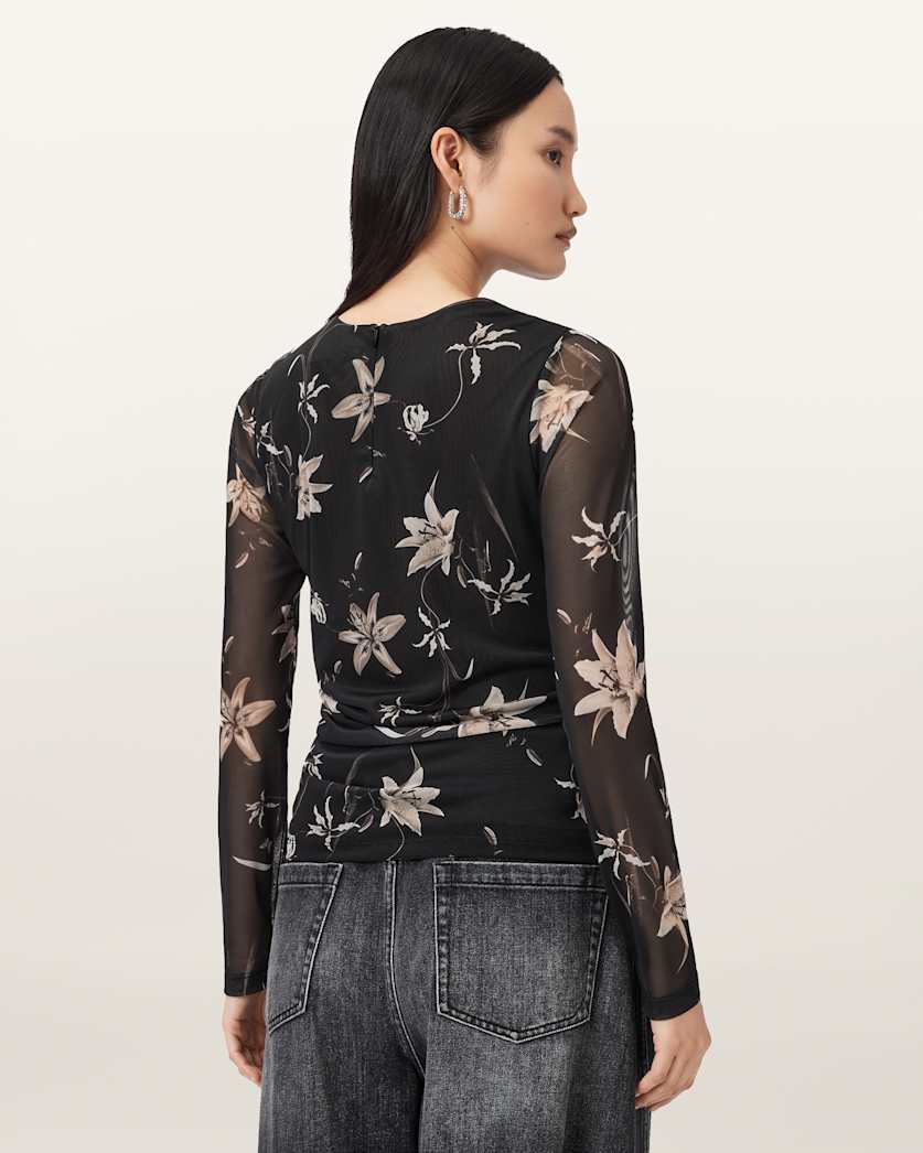 AllSaints Caia Floral Mesh Top Women's Petra Sepia Brown Women's