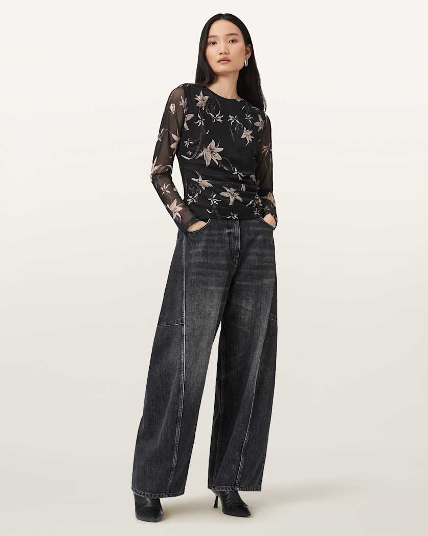 AllSaints Caia Floral Mesh Top Women's Petra Sepia Brown Women's