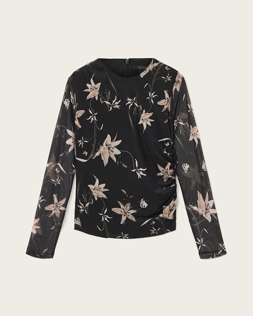 AllSaints Caia Floral Mesh Top Women's Petra Sepia Brown Women's