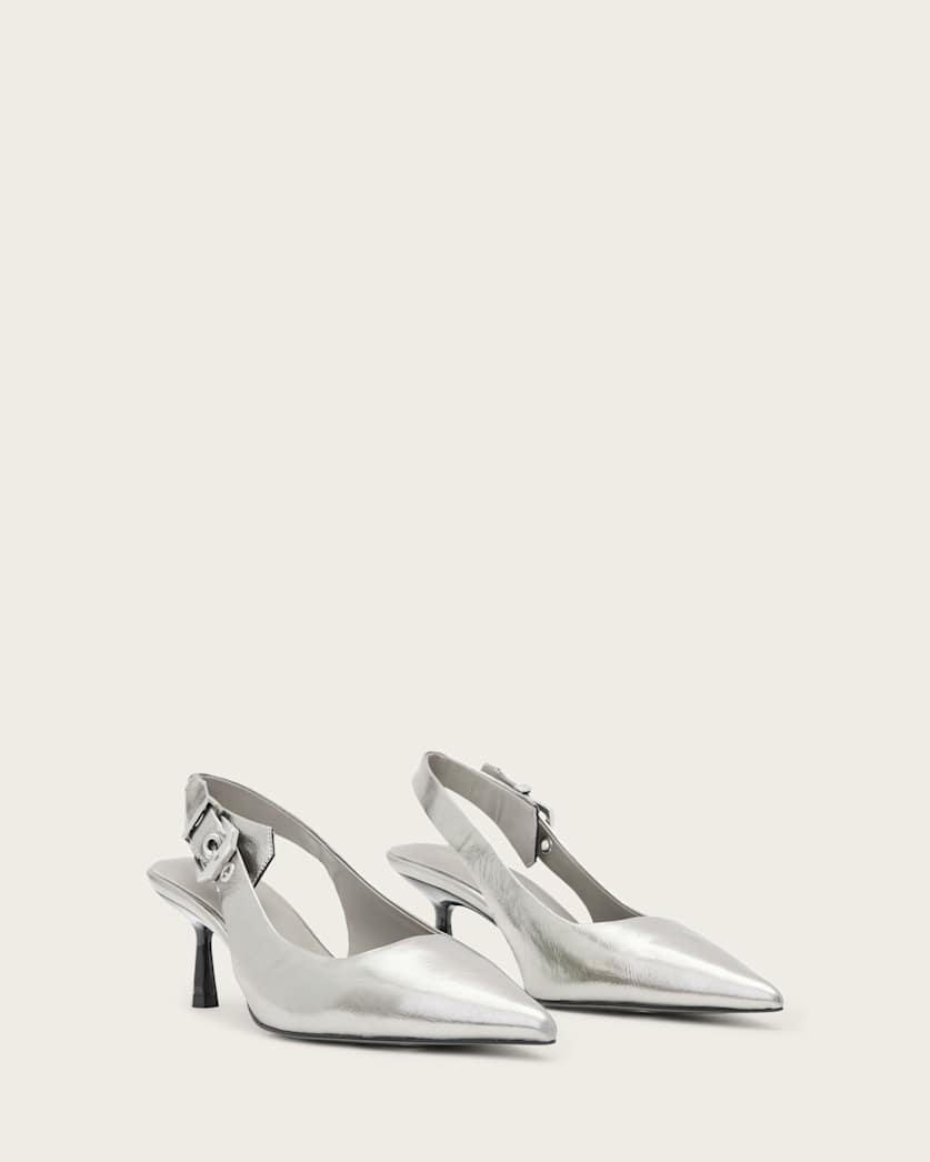 AllSaints Idiya Metallic Leather Slingback Heels Women's Gunmetal Grey Women's