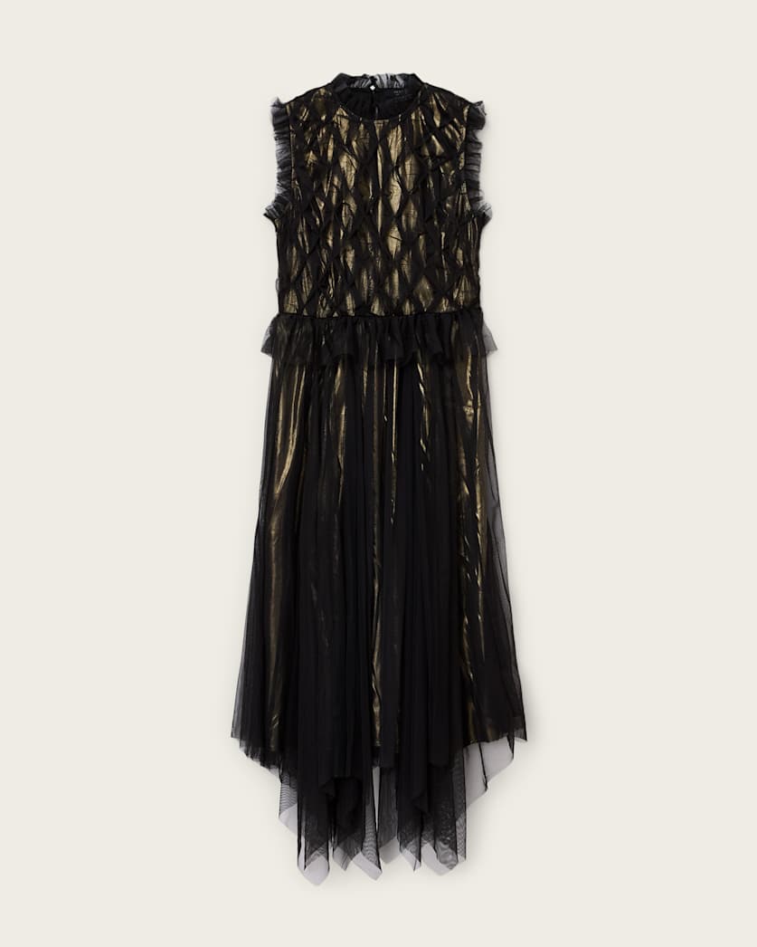 AllSaints Lola Metallic Midi Dress Women's Metallic Gold Women's