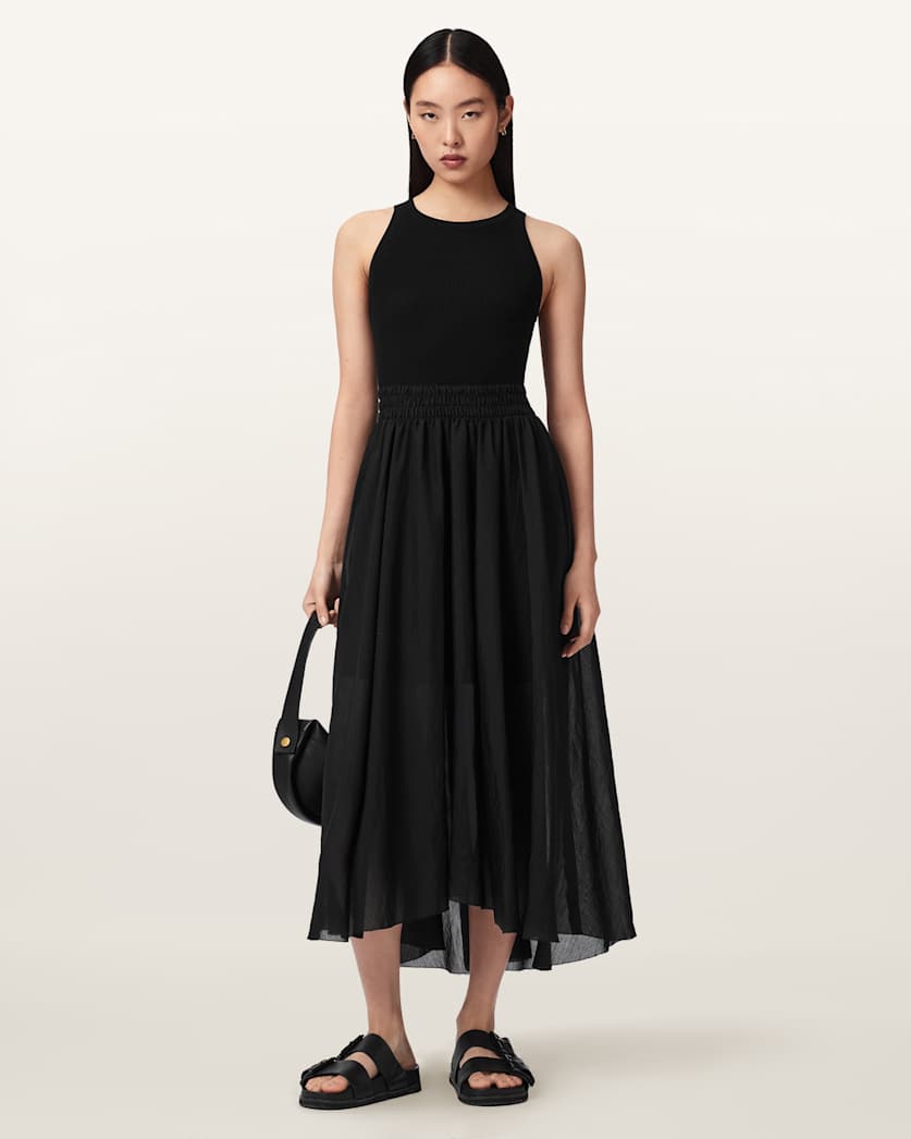 AllSaints Zenia Sleeveless Asymmetric Midi Dress Women's Black Women's