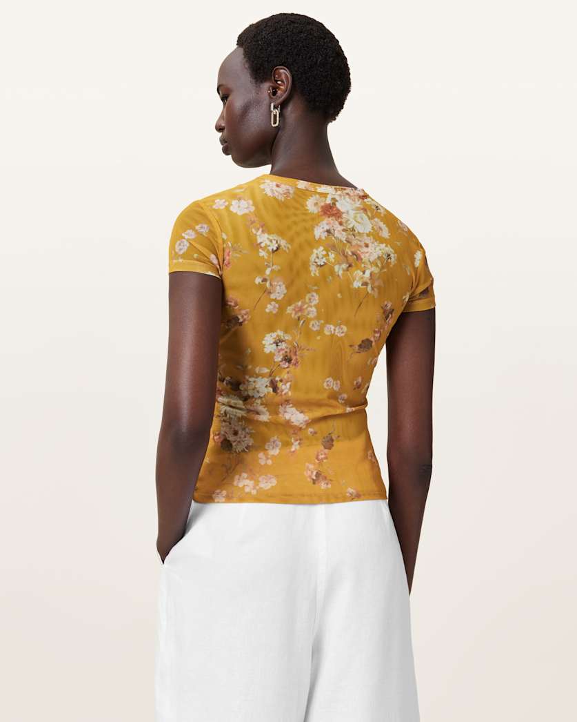 AllSaints Ellie Floral Print Mesh T Shirt Women's Armada Deep Yellow Women's