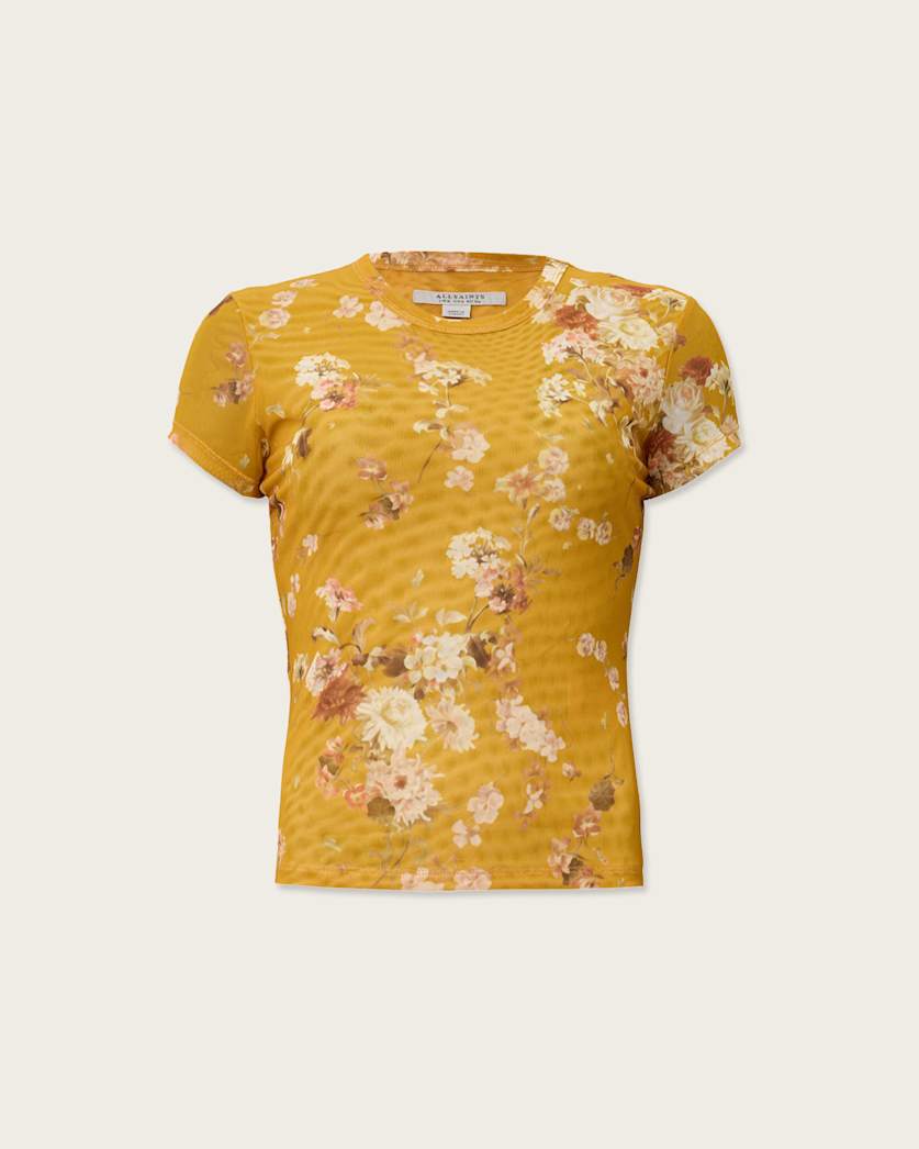 AllSaints Ellie Floral Print Mesh T Shirt Women's Armada Deep Yellow Women's