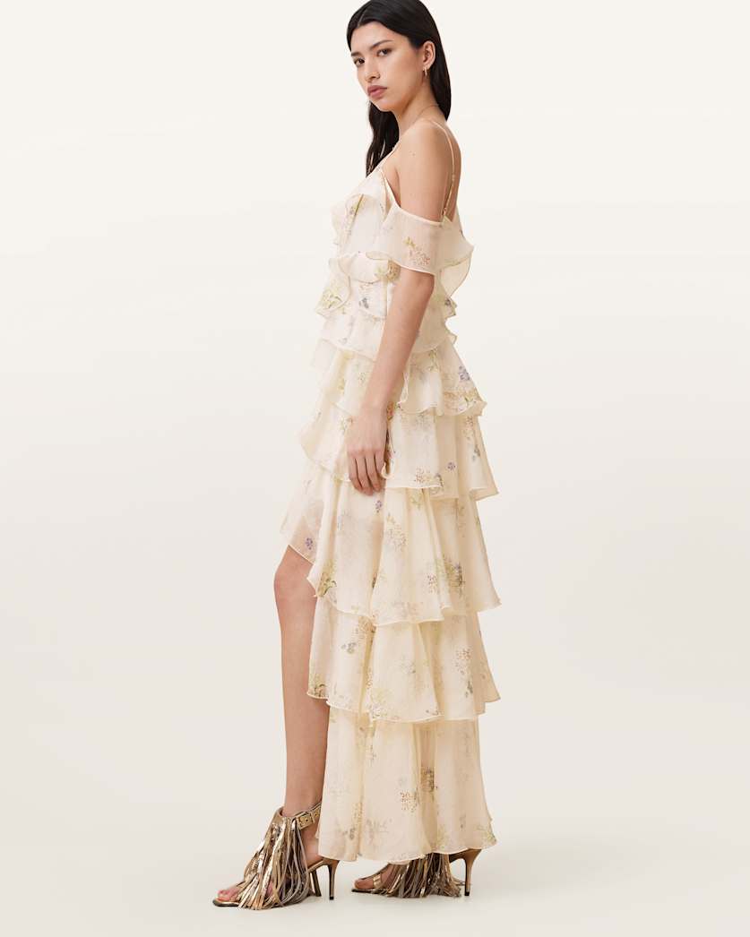 AllSaints Sienna Ruffled Maxi Dress Women's Laci Ecru White Women's