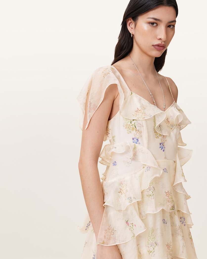 AllSaints Sienna Ruffled Maxi Dress Women's Laci Ecru White Women's