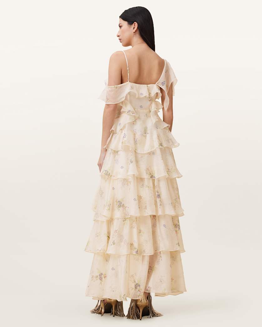 AllSaints Sienna Ruffled Maxi Dress Women's Laci Ecru White Women's