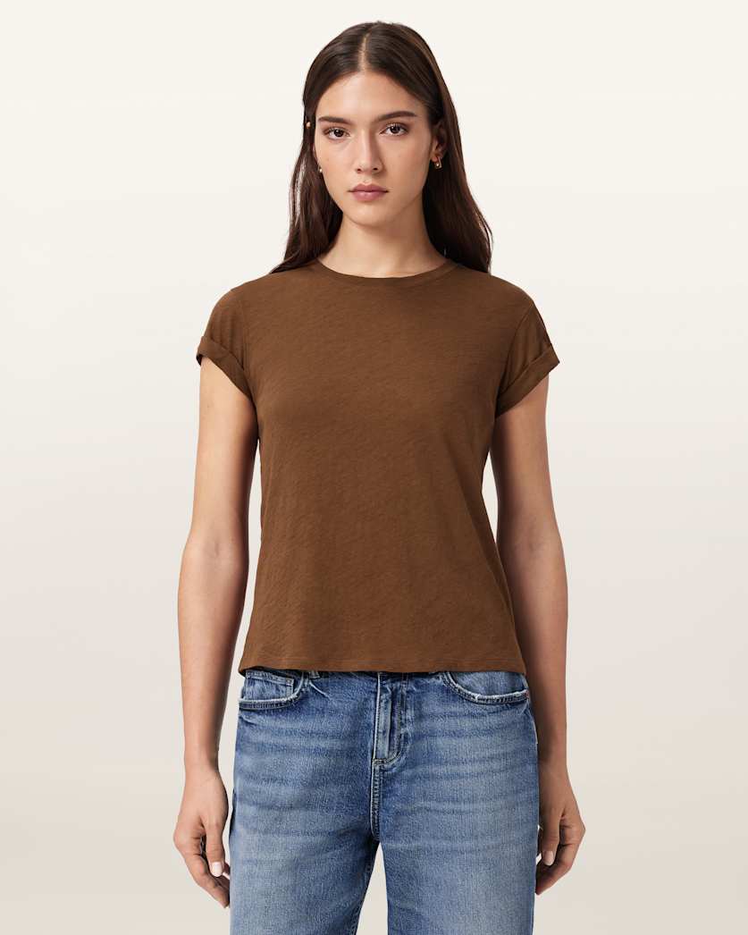AllSaints Anna Crew Neck Short Sleeve T Shirt Women's Cognac Brown Women's