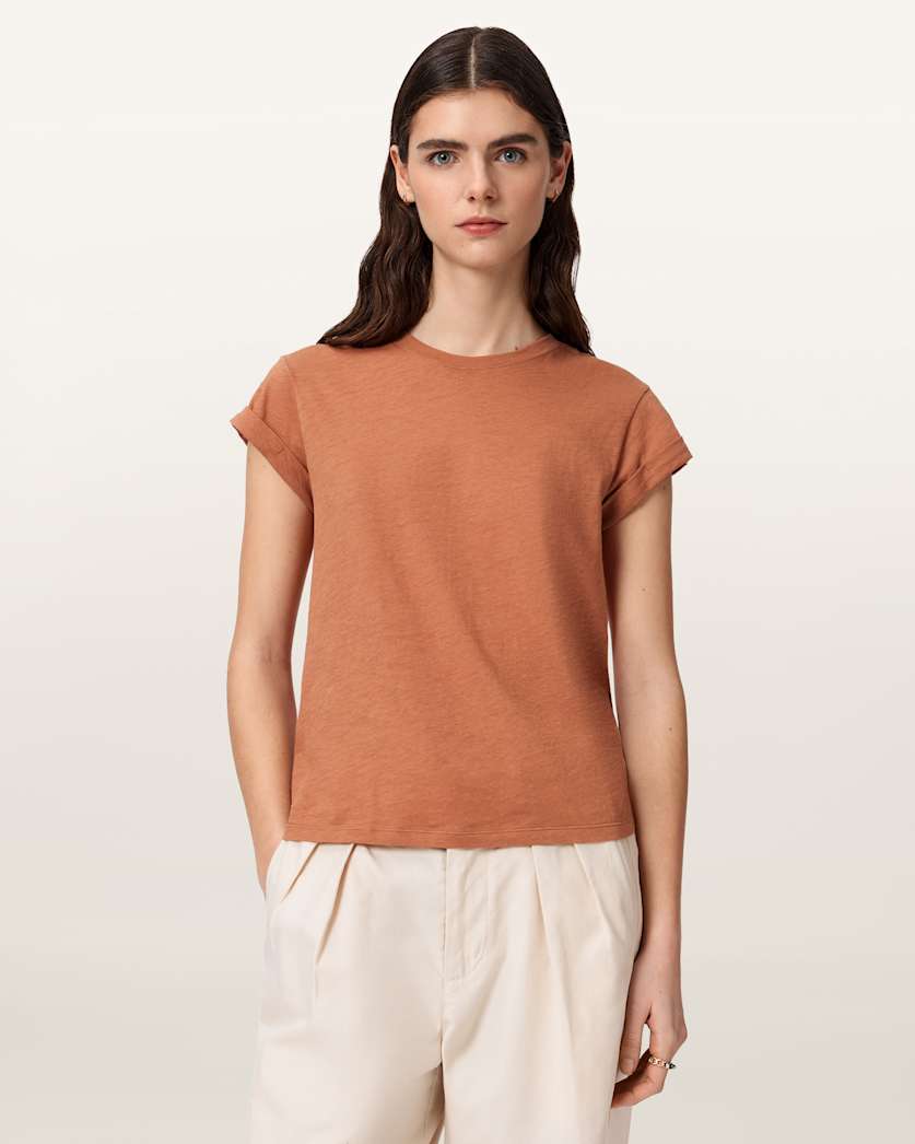 AllSaints Anna Crew Neck Short Sleeve T Shirt Women's Cognac Brown Women's