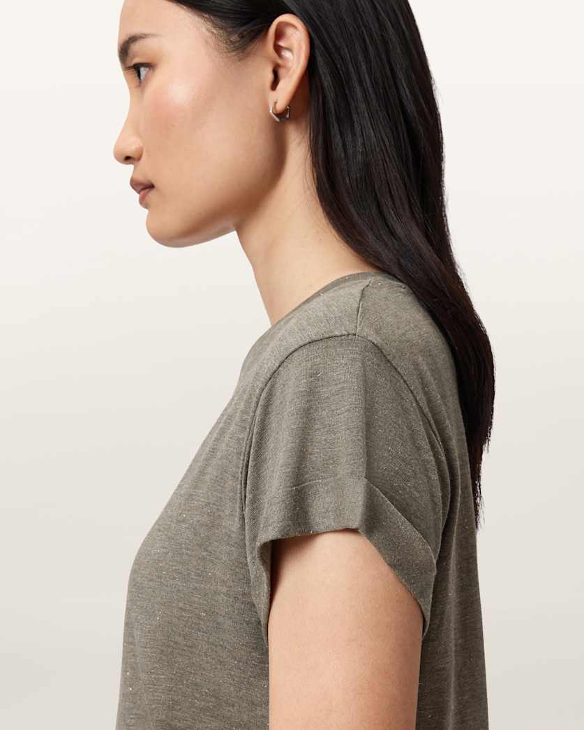 AllSaints Anna Short Sleeve Shimmer T Shirt Women's Khaki Green Women's