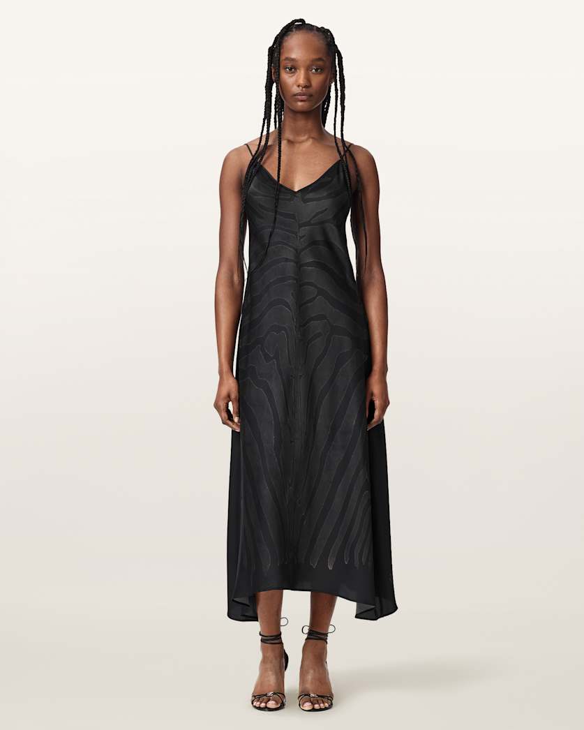 AllSaints Leona V Neck Maxi Slip Dress Women's Zebra Black Women's