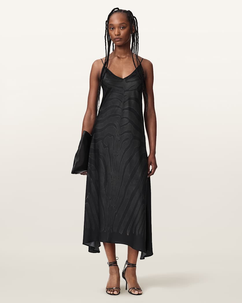 AllSaints Leona V Neck Maxi Slip Dress Women's Zebra Black Women's
