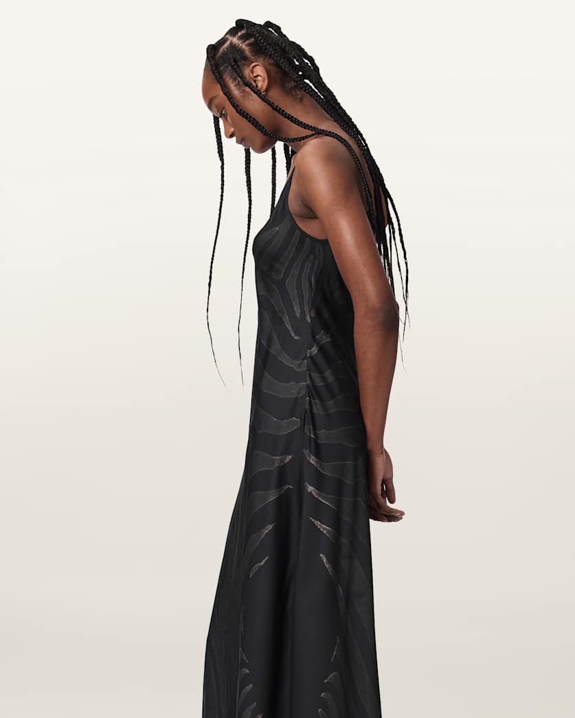 AllSaints Leona V Neck Maxi Slip Dress Women's Zebra Black Women's