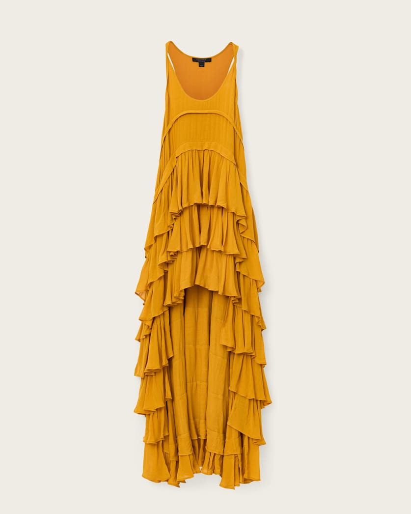 AllSaints Cavarly Tiered Ruffle Maxi Dress Women's Ochre Yellow Women's