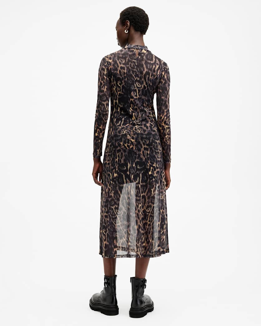 AllSaints Hanna Mesh Animal Print Midi Dress Women's Jinx Golden Brown Women's