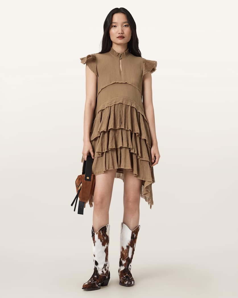 AllSaints Cavarly Cotton Mini Dress Women's Butternut Brown Women's