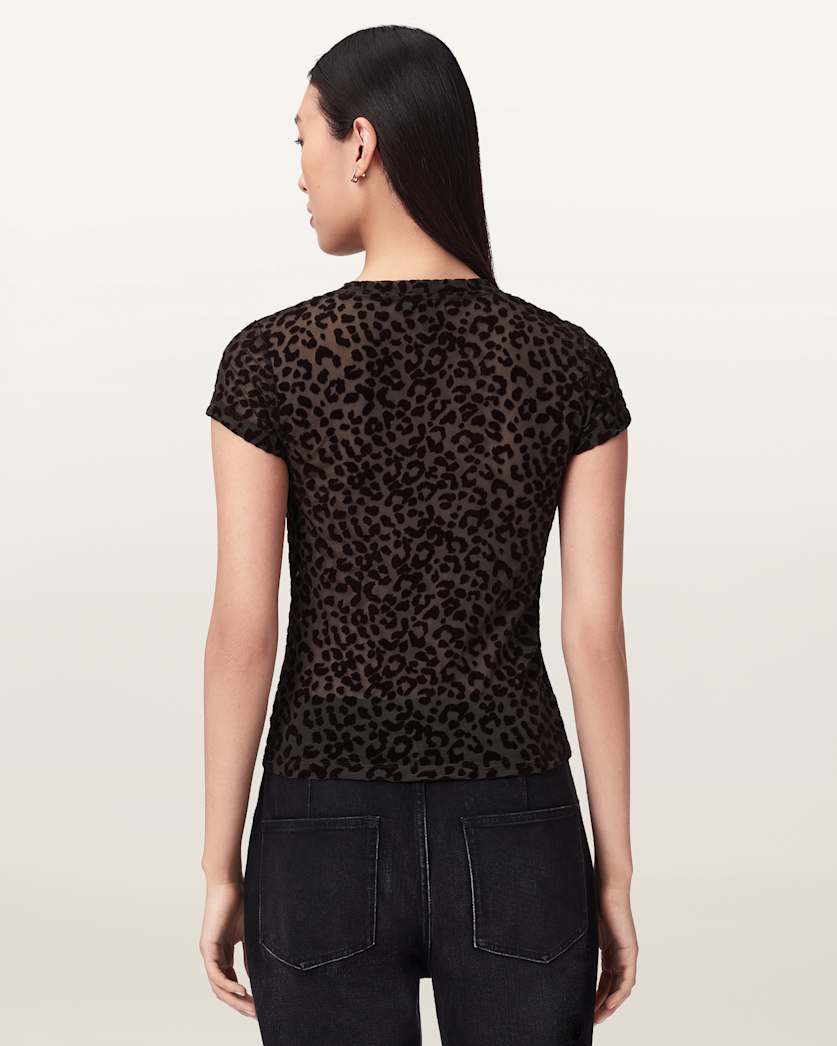 AllSaints Ellie Mesh Leopard Print T Shirt Women's Brown Flock Women's