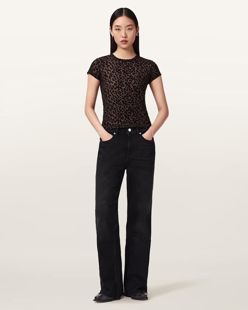 AllSaints Ellie Mesh Leopard Print T Shirt Women's Brown Flock Women's
