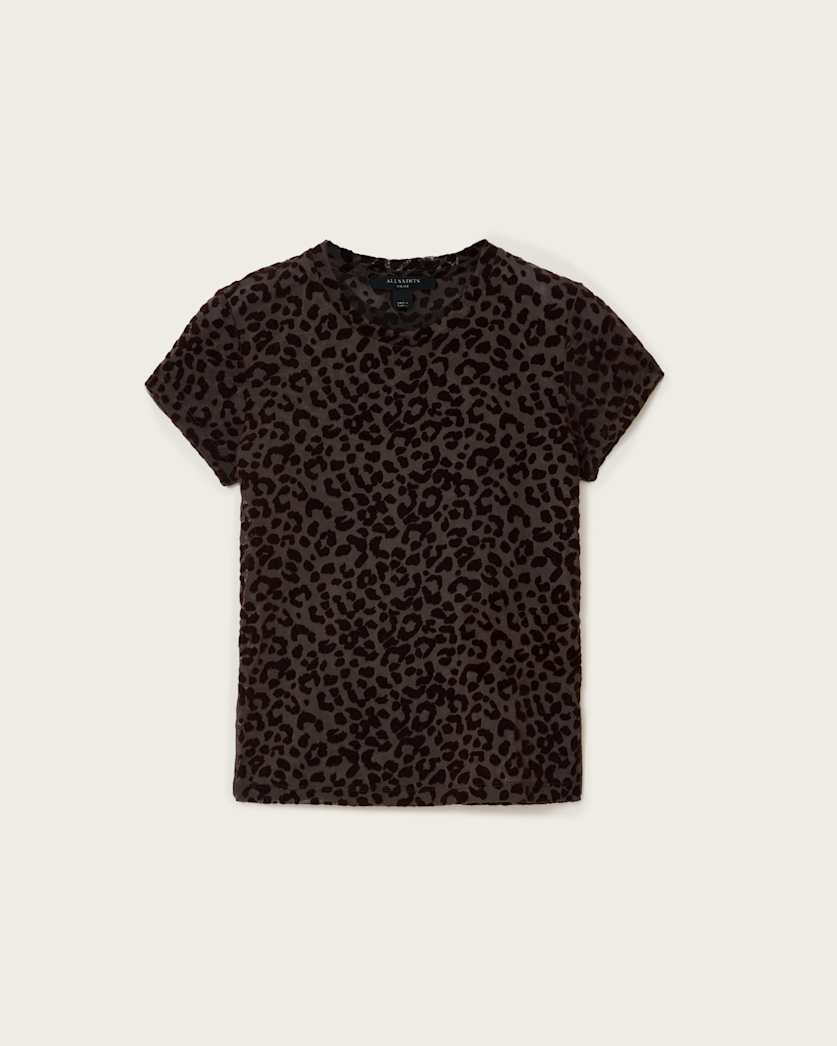 AllSaints Ellie Mesh Leopard Print T Shirt Women's Brown Flock Women's