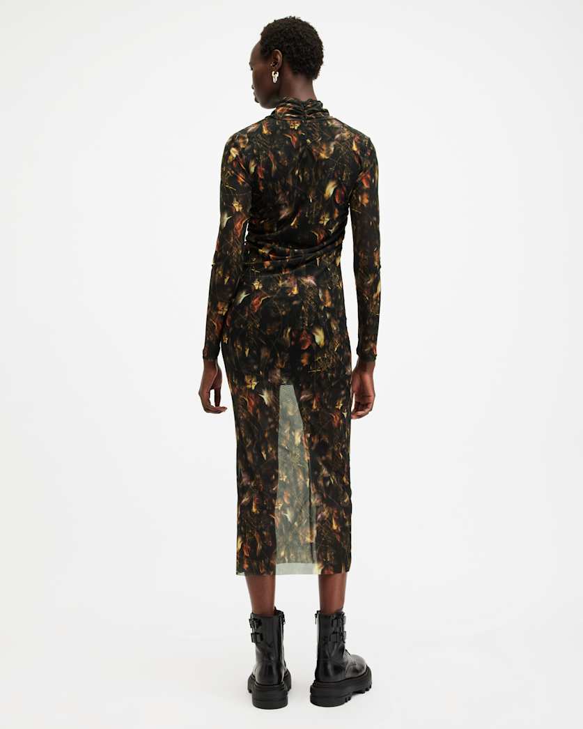 AllSaints Tia Mesh Printed Midi Dress Women's Kateri Hazel Brown Women's
