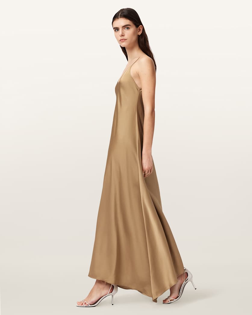 AllSaints Leona V Neck Maxi Slip Dress Women's Pinto Brown Women's
