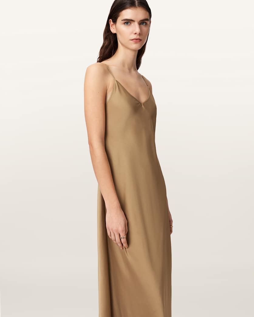 AllSaints Leona V Neck Maxi Slip Dress Women's Pinto Brown Women's