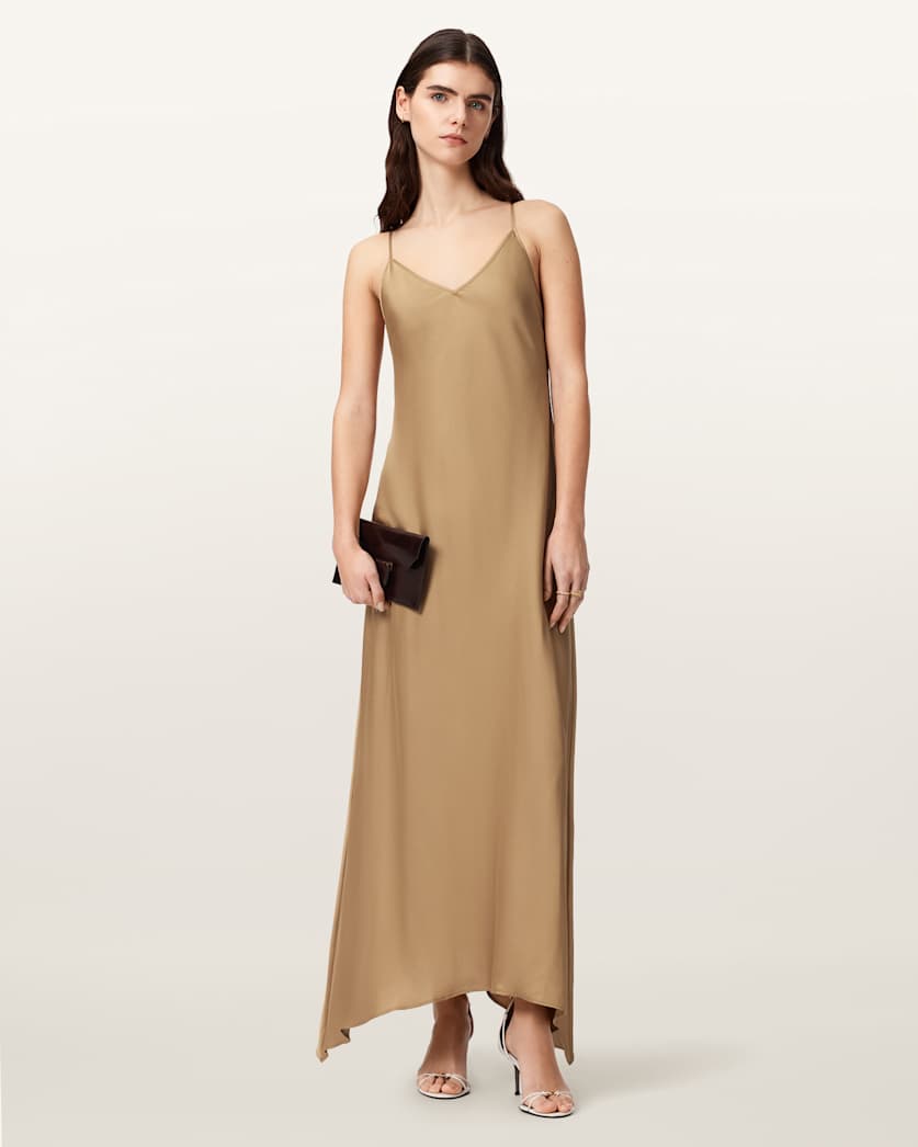 AllSaints Leona V Neck Maxi Slip Dress Women's Pinto Brown Women's