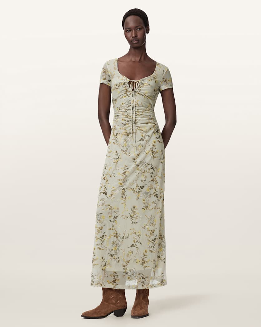 AllSaints Gabby Floral Print Mesh Maxi Dress Women's Carmel Stem Green Women's