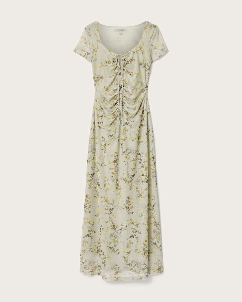 AllSaints Gabby Floral Print Mesh Maxi Dress Women's Carmel Stem Green Women's
