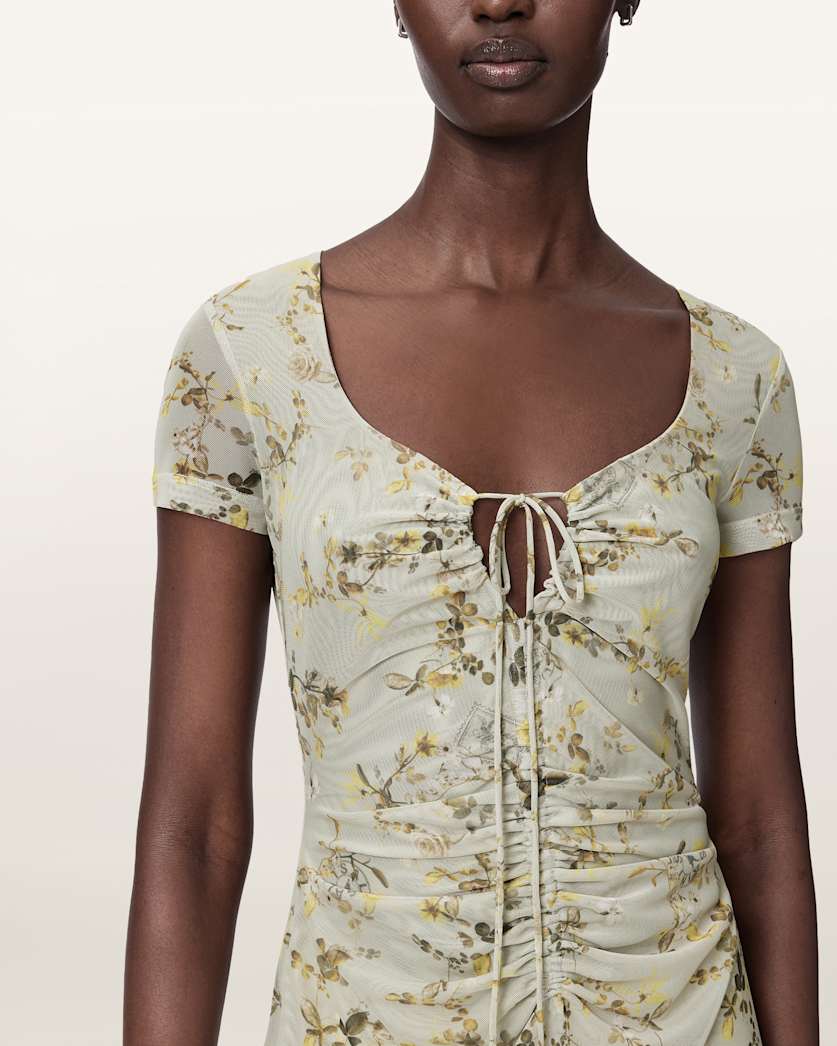 AllSaints Gabby Floral Print Mesh Maxi Dress Women's Carmel Stem Green Women's