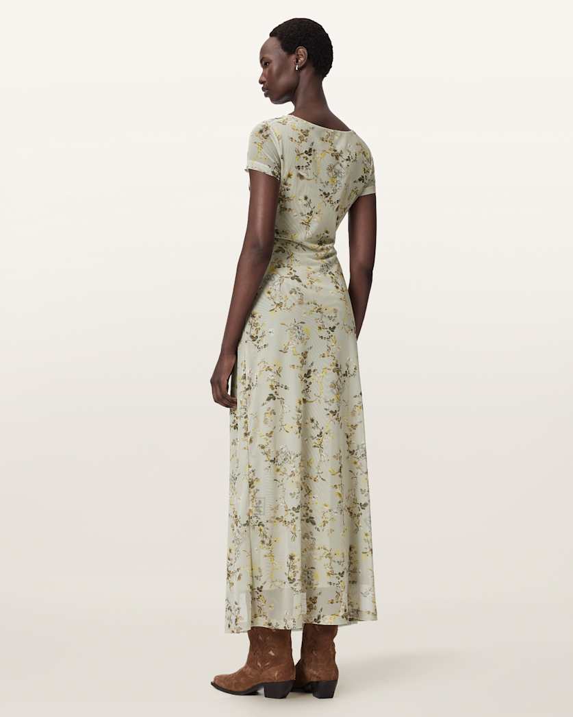 AllSaints Gabby Floral Print Mesh Maxi Dress Women's Carmel Stem Green Women's