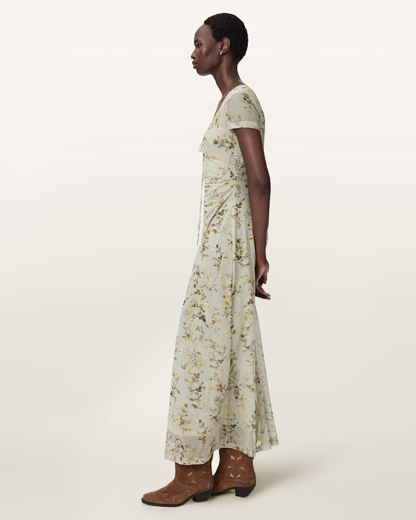AllSaints Gabby Floral Print Mesh Maxi Dress Women's Carmel Stem Green Women's