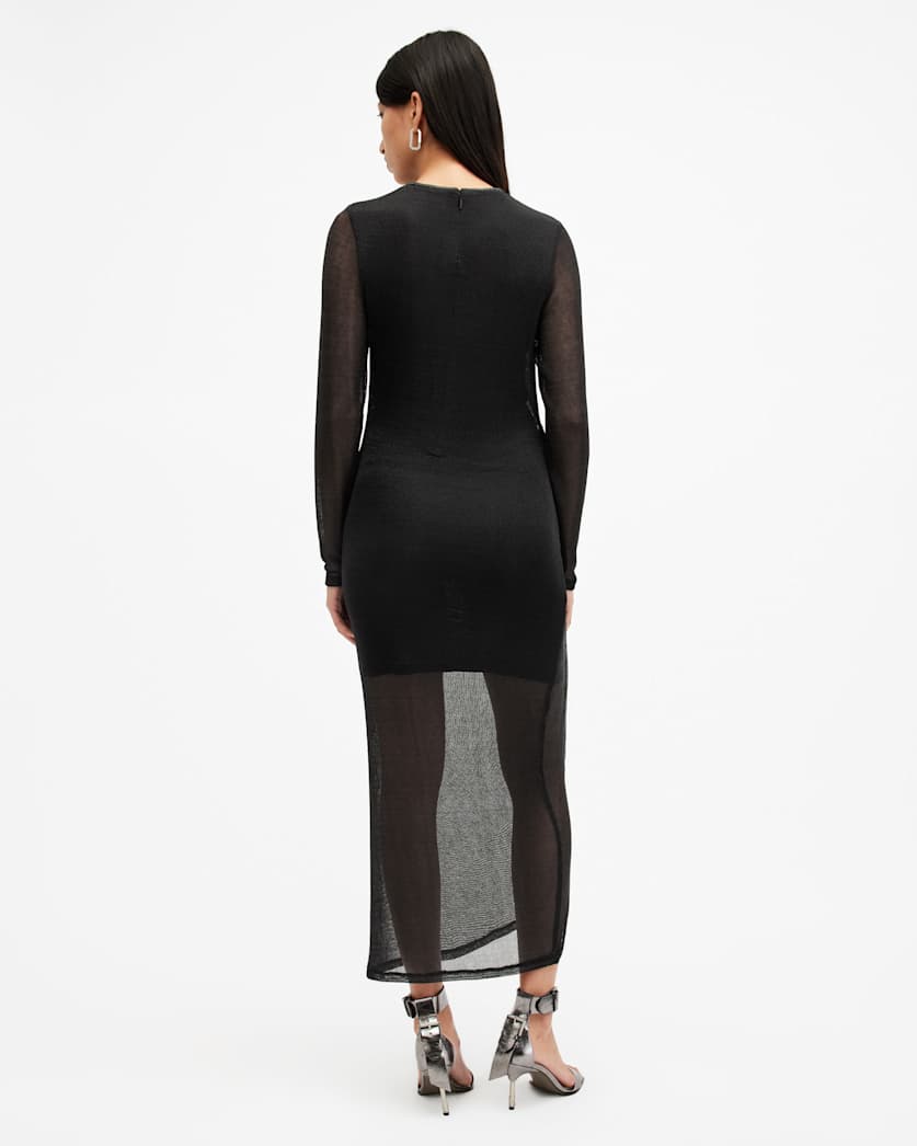 AllSaints Nora Ruched Sparkle Midi Dress Women's Black Shimmer Women's