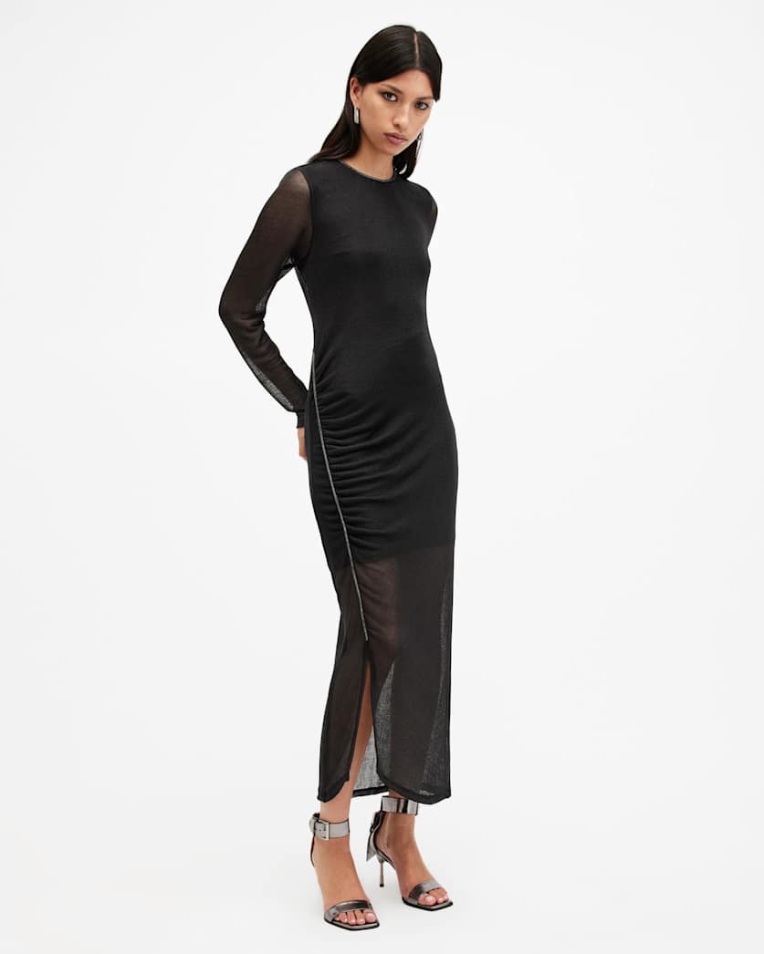 AllSaints Nora Ruched Sparkle Midi Dress Women's Black Shimmer Women's