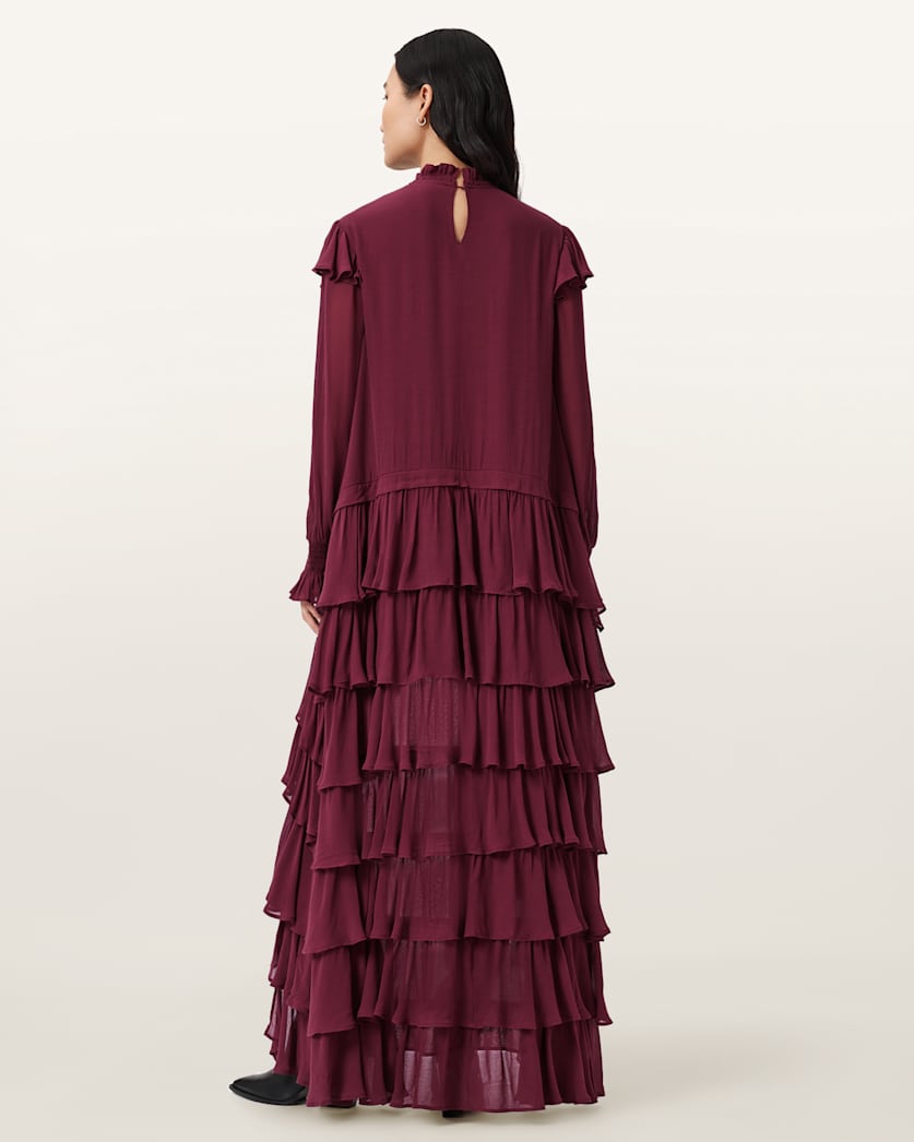 AllSaints Cavarly Tiered Ruffle Maxi Dress Women's Tawny Port Red Women's