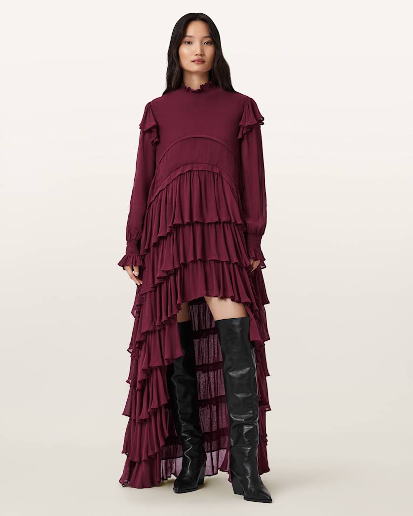 AllSaints Cavarly Tiered Ruffle Maxi Dress Women's Tawny Port Red Women's