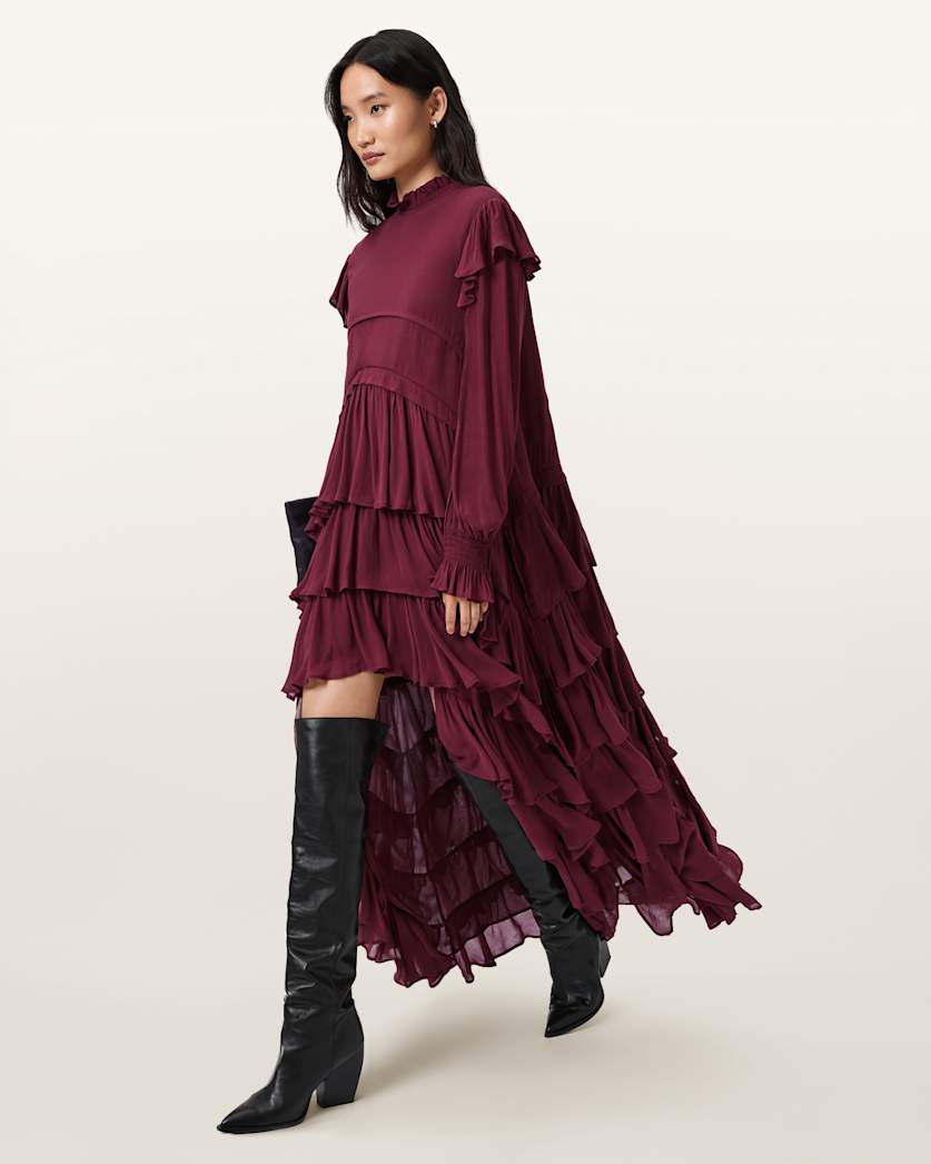 AllSaints Cavarly Tiered Ruffle Maxi Dress Women's Tawny Port Red Women's