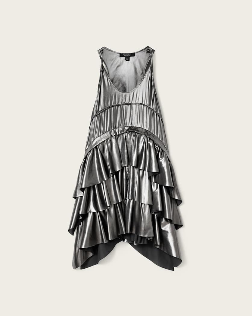 AllSaints Cavarly Metallic Mini Dress Women's Metallic Silver Women's
