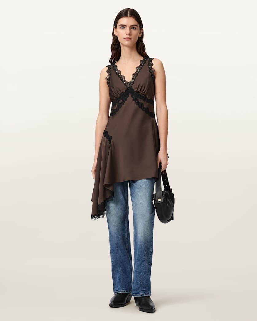 AllSaints Ilka Asymmetric Lace Mini Dress Women's Ecru White Women's
