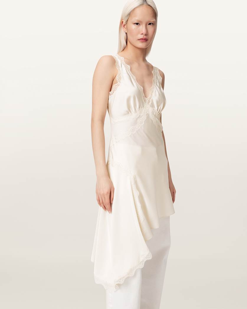 AllSaints Ilka Asymmetric Lace Mini Dress Women's Ecru White Women's