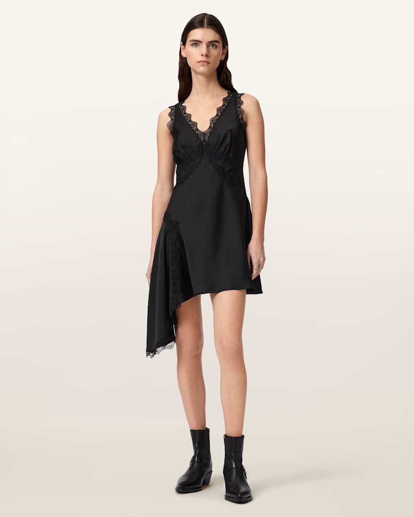 AllSaints Ilka Asymmetric Lace Mini Dress Women's Ecru White Women's