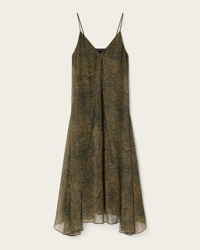 AllSaints Vanda V Neck Midi Dress Women's Sirius Gold Black Women's
