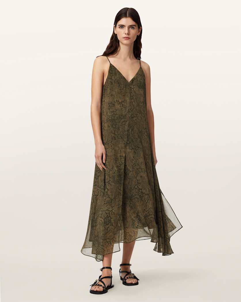 AllSaints Vanda V Neck Midi Dress Women's Sirius Gold Black Women's