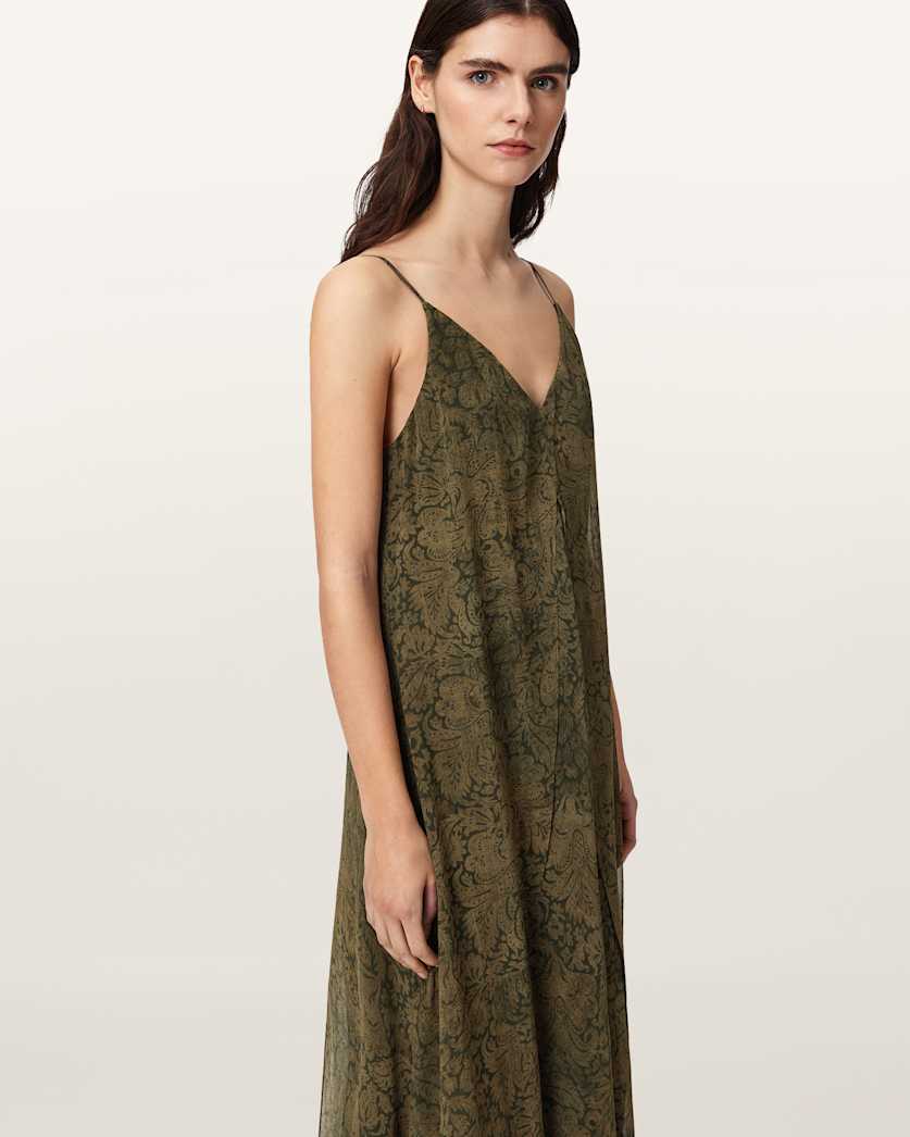 AllSaints Vanda V Neck Midi Dress Women's Sirius Gold Black Women's