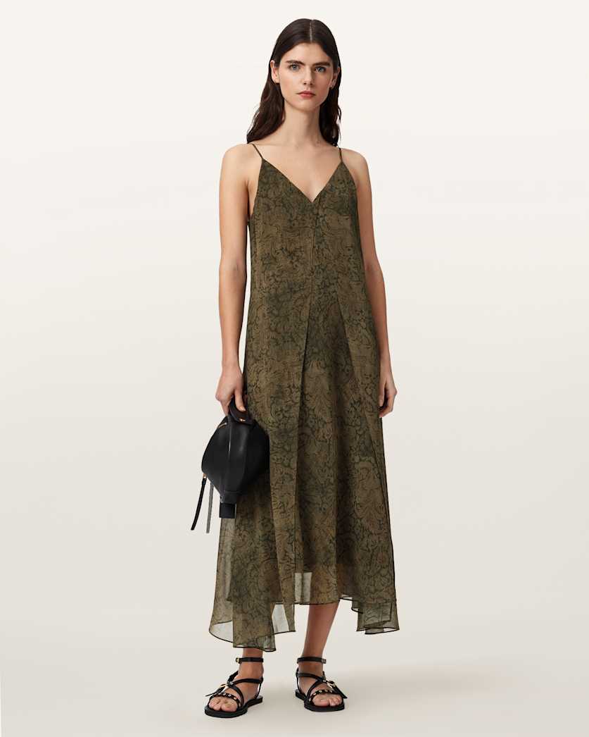 AllSaints Vanda V Neck Midi Dress Women's Sirius Gold Black Women's