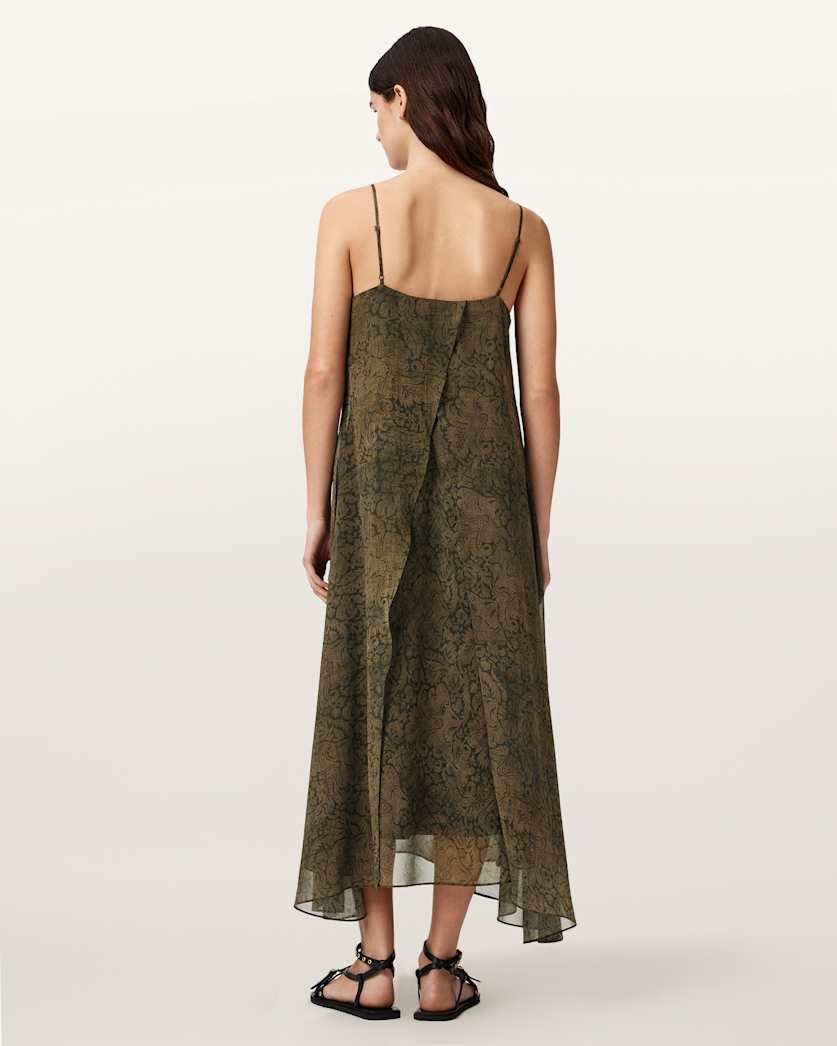 AllSaints Vanda V Neck Midi Dress Women's Sirius Gold Black Women's