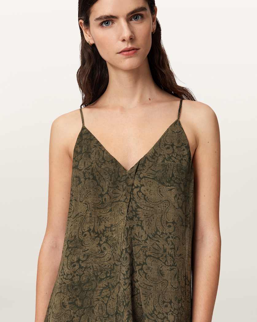AllSaints Vanda V Neck Midi Dress Women's Sirius Gold Black Women's