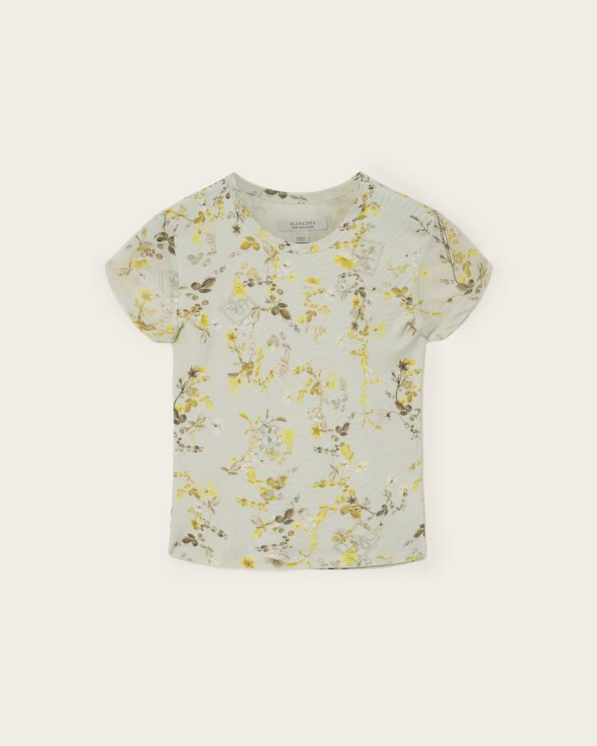 AllSaints Ellie Mesh Floral Print Slim T Shirt Women's Carmel Stem Green Women's
