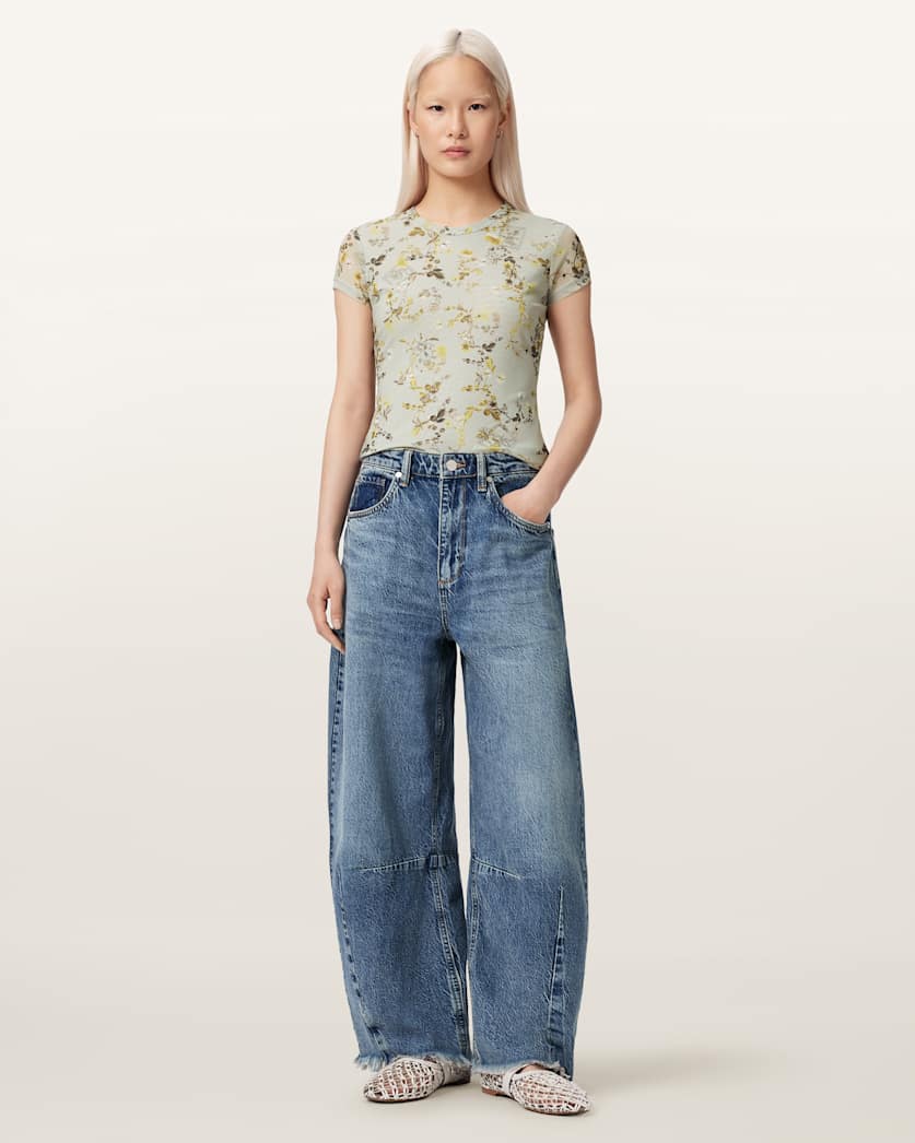AllSaints Ellie Mesh Floral Print Slim T Shirt Women's Carmel Stem Green Women's