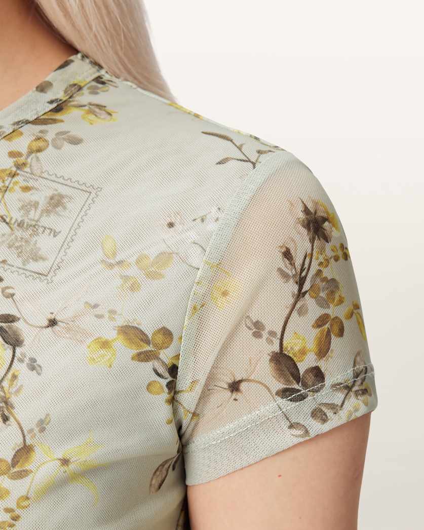 AllSaints Ellie Mesh Floral Print Slim T Shirt Women's Carmel Stem Green Women's